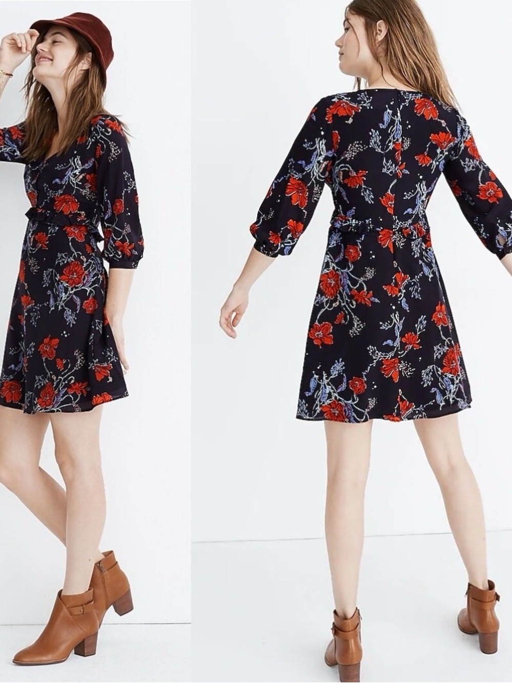 Madewell Windblown Poppies Floral Print Dress Ruffle Waist Black
